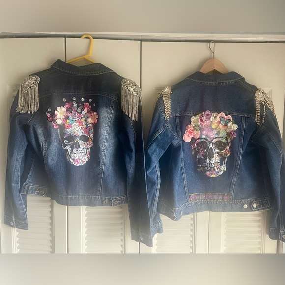 Custom Embellished Jacket with Rhinestone Epaulettes, Skull Design & Flowers - Picture 10 of 11